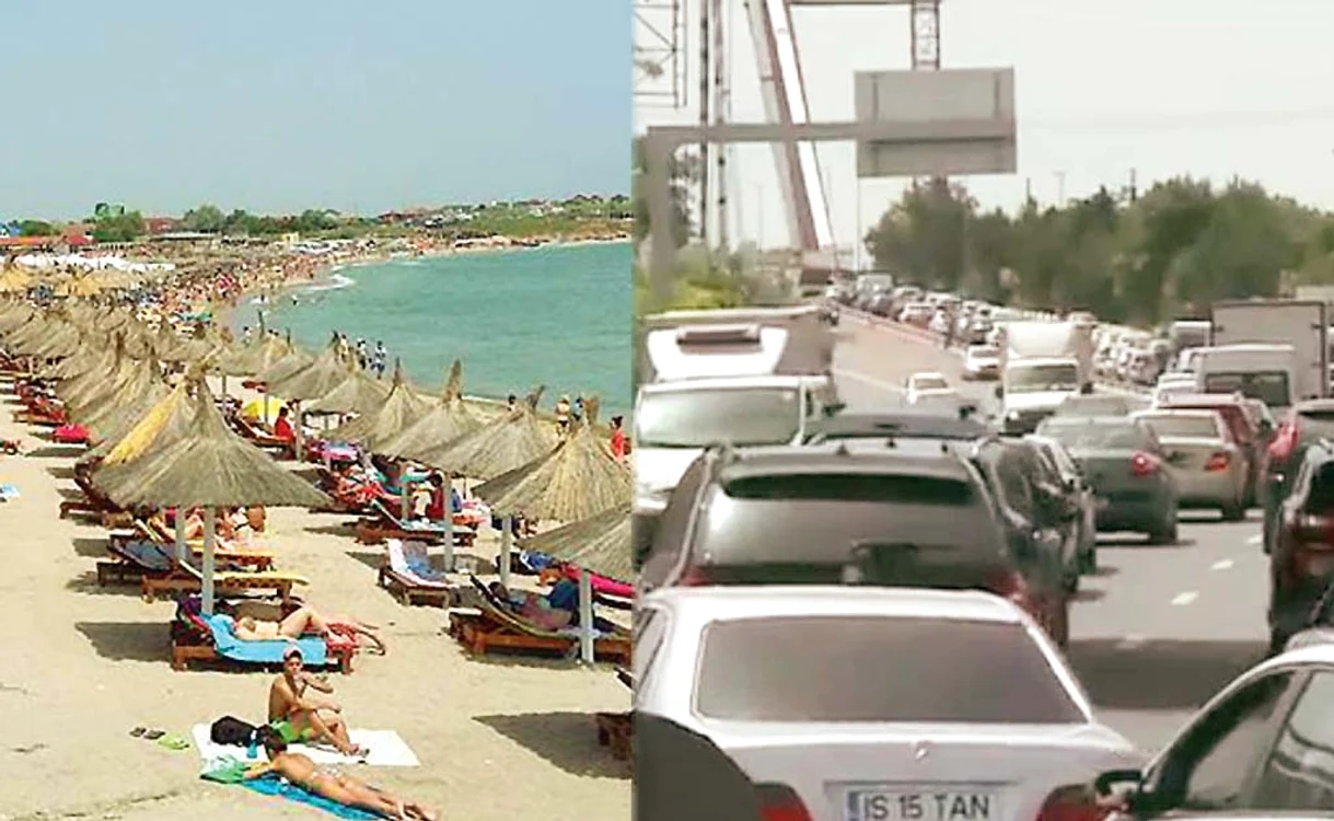 
    Aşa arăta ieri plaja  din Vama Veche (stânga). Drumul spre mare,  un coşmar. Maşinile mergeau bară la bară (dreapta)  