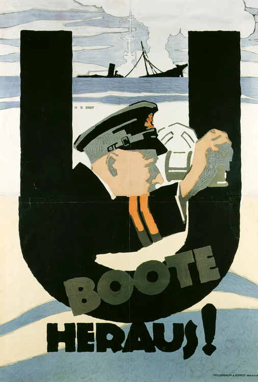 Posterul filmului „u-Boote heraus!” din 1918; documentar german de propagandă, despre capacităţile acestei noi arme, submarinul (U-Boot, în germană)