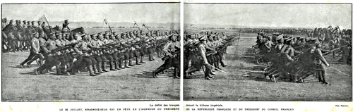 22 iulie 1914, Krasnoie Selo. Defilarea trupelor armatei ruse cu ocazia vizitei președintelui Franței, Raymond Poincaré, în Rusia (© ANR, SANIC, Album 257 f. 14v-15)