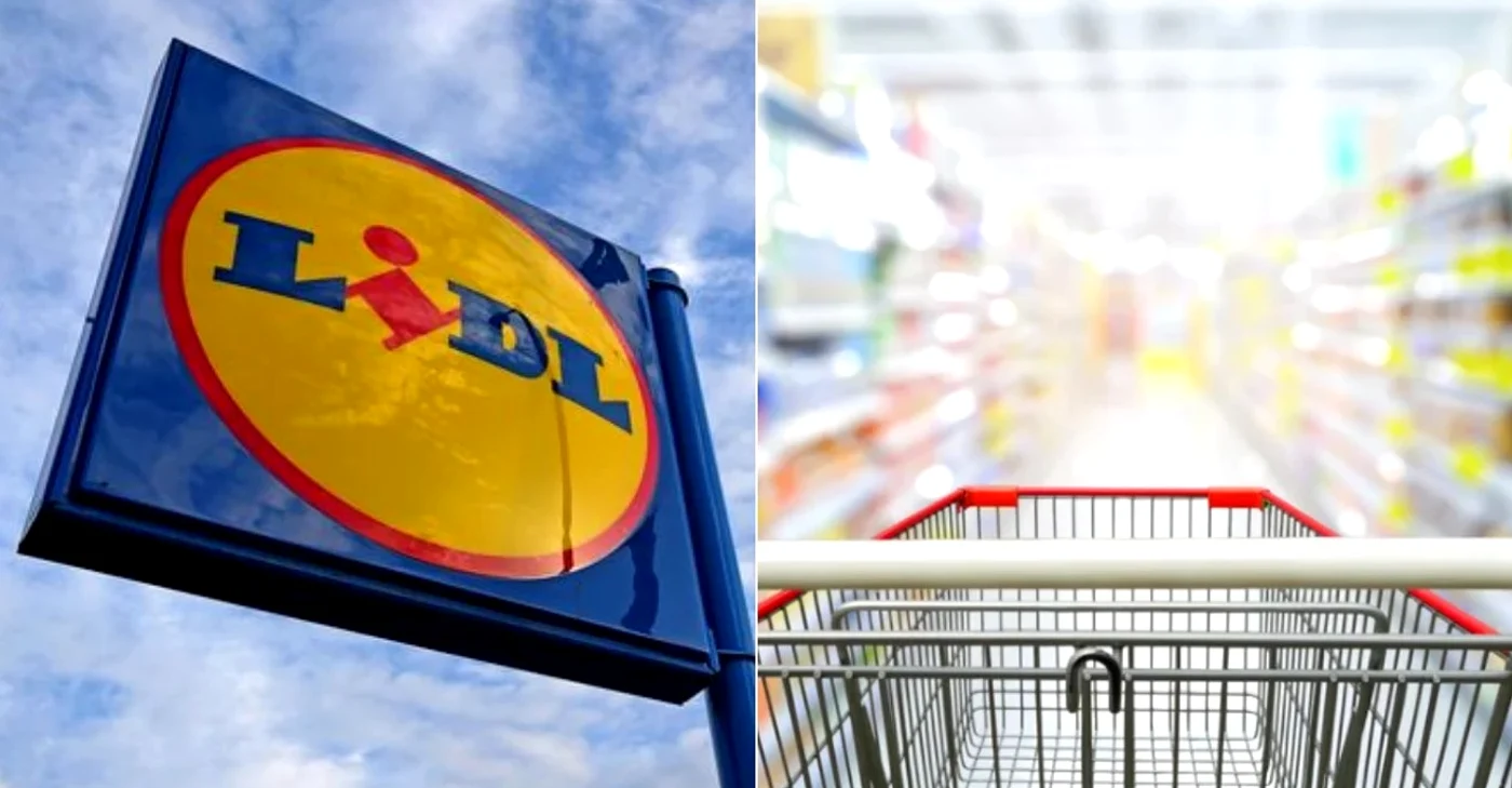 Colaj foto cu un cărucior de cumpărături glo și panoul care indică magazinele Lidl
