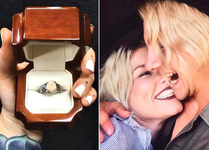 
    Inelul de logodnă are măseaua  logodnicului în loc de piatră  