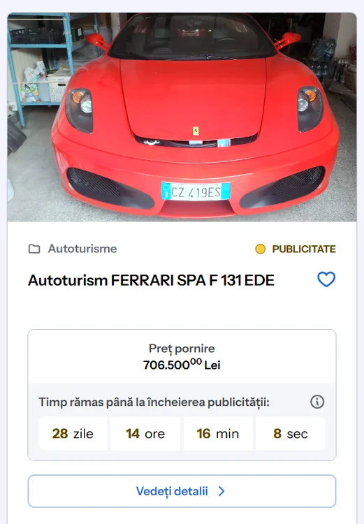 Ferrari scos la licitaţie