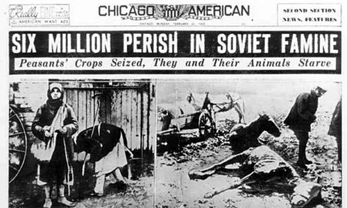 Prima pagină a ziarului „Chicago's American”, care arată ororile Holodomor-ului (© Wikimedia Commons)