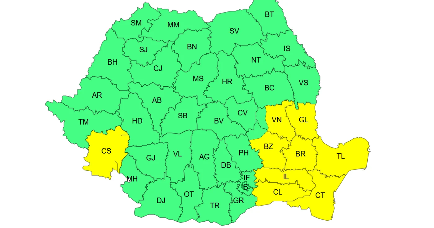 Cod galben de vânt puternic în mai multe județe. 