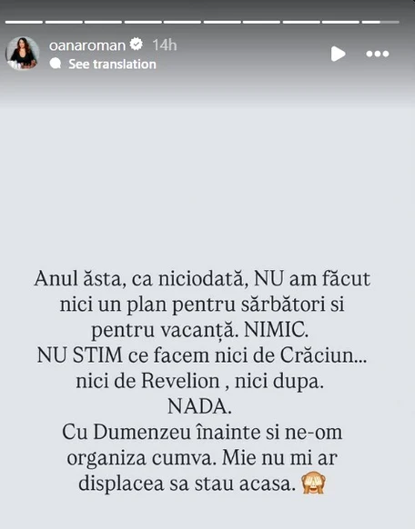 Oana Roman nu știe unde va petrece sărbătorile de iarnă - Foto: captură InstaStory