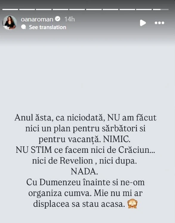Oana Roman nu știe unde va petrece sărbătorile de iarnă - Foto: captură InstaStory