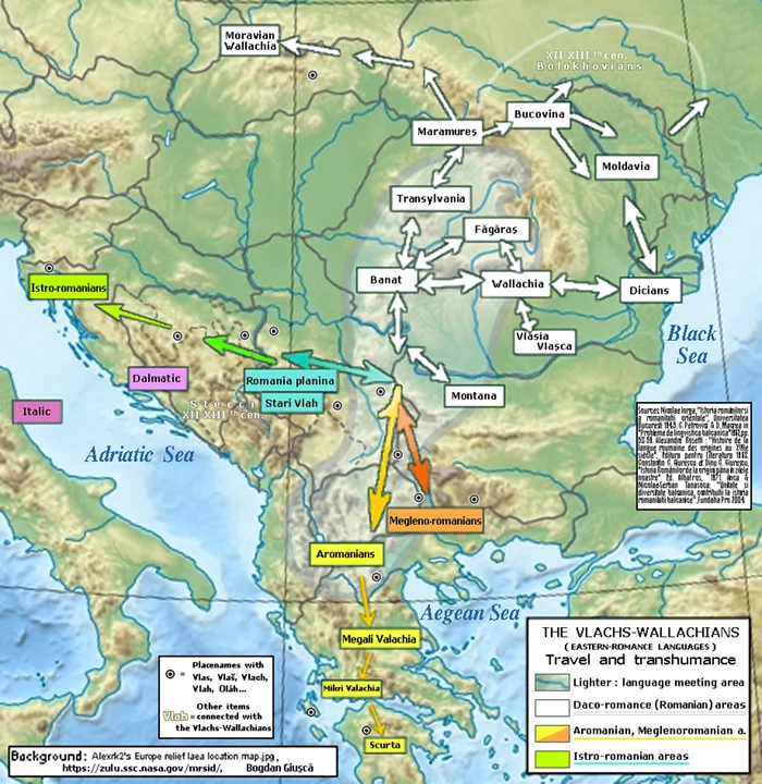 Hartă care indică deplasarea diferitelor comunități stră-românești FOTO wikipedia