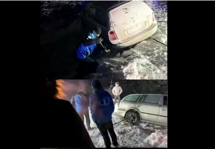 VIDEO Intervenţie de două ore, în condiţii extreme, pentru salvarea a trei persoane blocate cu maşina într-un șanț