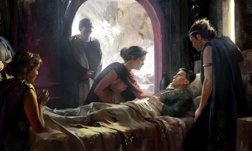 Bărbat bolnav în Roma antică. Ilustrație artistică din jocul Old World (© Mohawk Games)