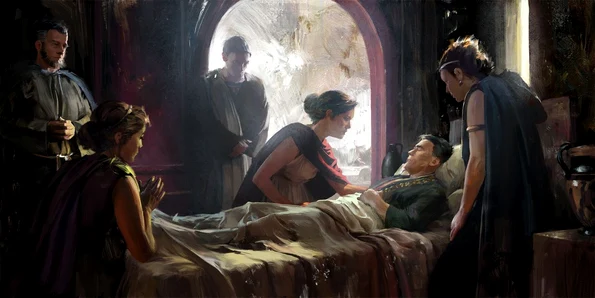 Bărbat bolnav în Roma antică. Ilustrație artistică din jocul Old World (© Mohawk Games)