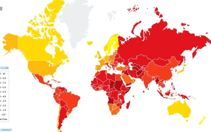 Cu cât culoarea roşie este mai puternică, cu atât nivelul de corupţie este mai ridicat FOTO:transparency.org