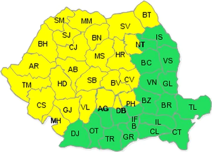 Avertizare meteo de cod galben, valabilă de sâmbătă după-amiază până duminică dimineaţă. (Foto: ANM)