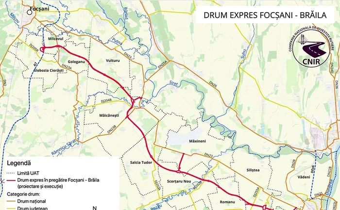 Harta drumului expres Focșani - Brăila