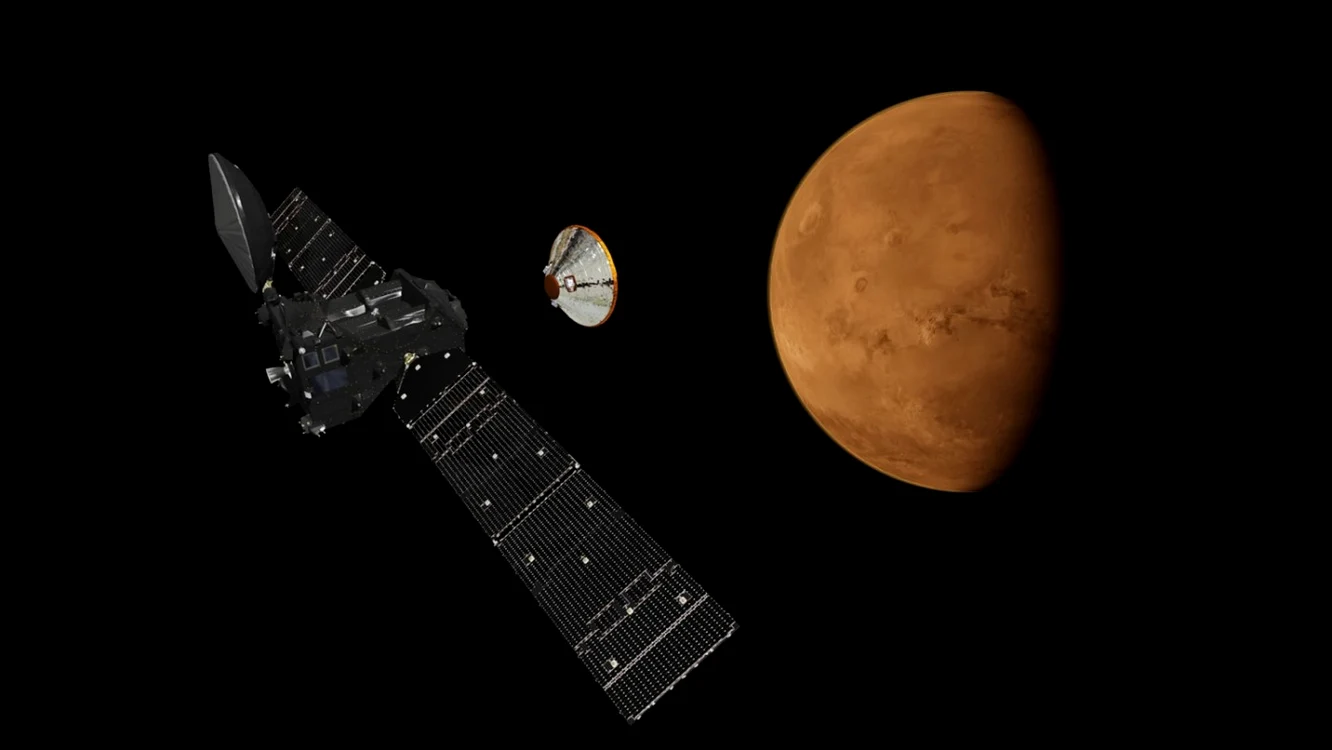 Simulare computerizată a separării modulului Schiaparelli de sonda Trace Gas Orbiter, pe orbita lui Marte. Foto ESA