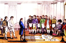 Inițiere masonică. Imagine colorizată a unei gravuri de la 1745