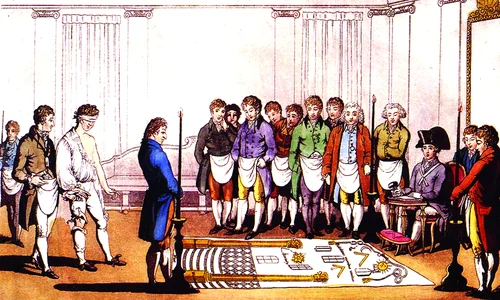 Inițiere masonică. Imagine colorizată a unei gravuri de la 1745