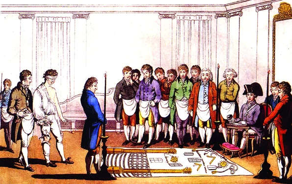 Inițiere masonică. Imagine colorizată a unei gravuri de la 1745