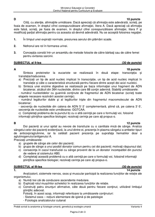Subiectele BAC Anatomie și fiziologie umană, genetică și ecologie umană, sesiunea august 2025