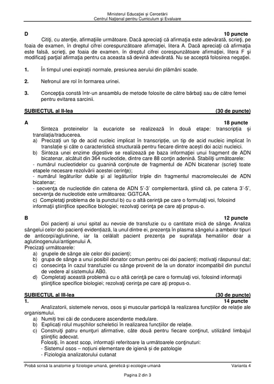 Bacalaureat 2025 - sesiunea de toamnă. Elevii au susținut proba la alegere a profilului. Subiecte și bareme de corectare 2 Subiectele BAC Anatomie și fiziologie umană, genetică și ecologie umană, sesiunea august 2025