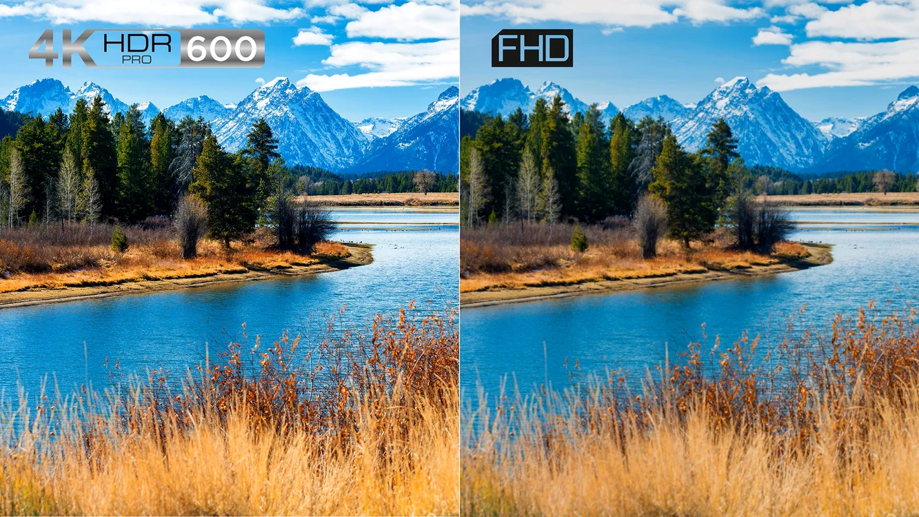 Comparație între aceeași imagine afișată pe un TV 4K HDR PRO 600 și în format FHD