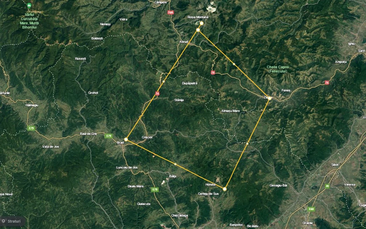 Patrulaterul Aurifer din Munții Apuseni. Sursa: Google Earth.