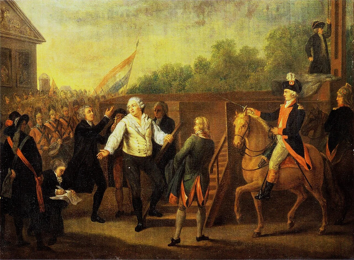 Regele Ludovic al XVI-lea la urcarea pe eșafod. Pictură de Charles Benazech
