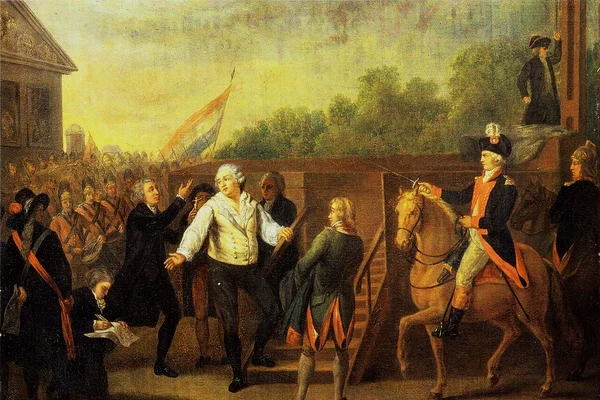 Regele Ludovic al XVI-lea la urcarea pe eșafod. Pictură de Charles Benazech