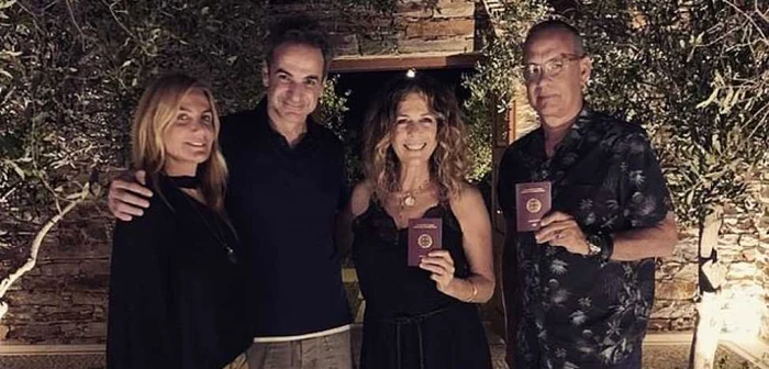 Tom Hanks şi Rita Wilson alături de prim-ministrul elen Kyriakos Mitsotakis şi soţia sa, Mareva Foto Instagram Kyriakos Mitsotakis