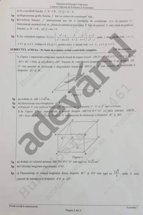 Evaluare naţională 2019. Subiectele la Matematică pagina 2