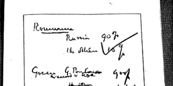 Hârtia vizată de Stalin, pe care Winston Churchill a scris procentele de influență pe care Occidentul și URSS aveau să le aibe în țările est europene și balcanice jpeg