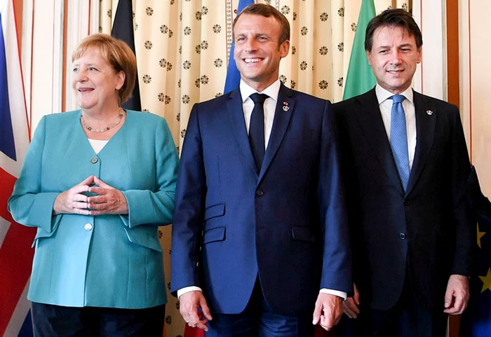 Cancelarul Germaniei, Angela Merkel, preşedintele Franţei, Emmanuel macron şi premierul Italiei Giuseppe Conte