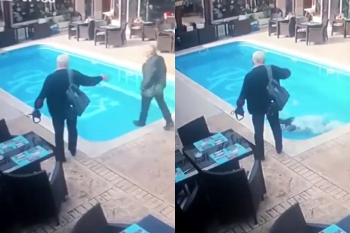 Momentul în care inspectorul se prăbuşeşte în piscină FOTOFacebook/ Traian Racu