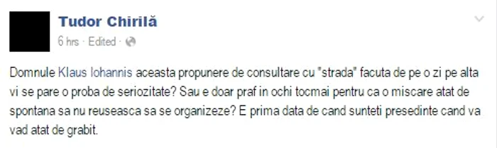 Tudor Chirilă este revoltat împotriva deciziei președintelui Klaus Iohannis de a invita „vocea străzii” la consultări