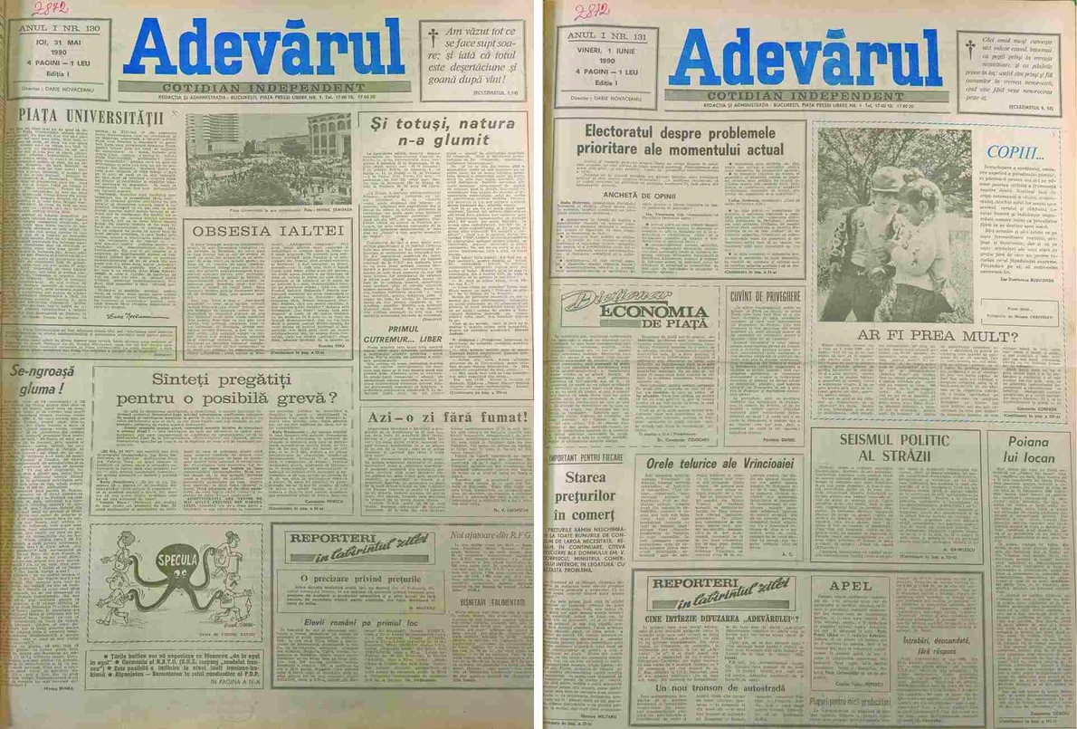 Prima pagină a ziarului „Adevărul” din 31 mai și 1 iunie 1990, în care erau relatate cele două cutremure produse la sfârșitul lunii mai