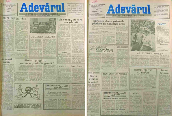 Prima pagină a ziarului „Adevărul” din 31 mai și 1 iunie 1990, în care erau relatate cele două cutremure produse la sfârșitul lunii mai