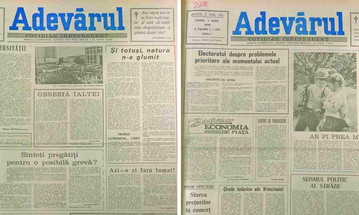 Prima pagină a ziarului „Adevărul” din 31 mai și 1 iunie 1990, în care erau relatate cele două cutremure produse la sfârșitul lunii mai