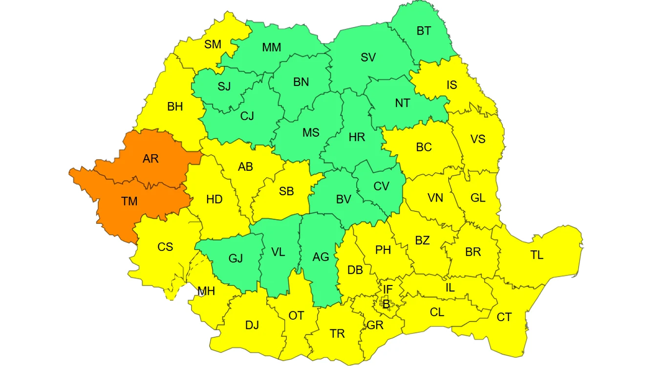 Coduri galbene și portocalii de caniculă, 7 august 2026. FOTO: meteoromania.ro