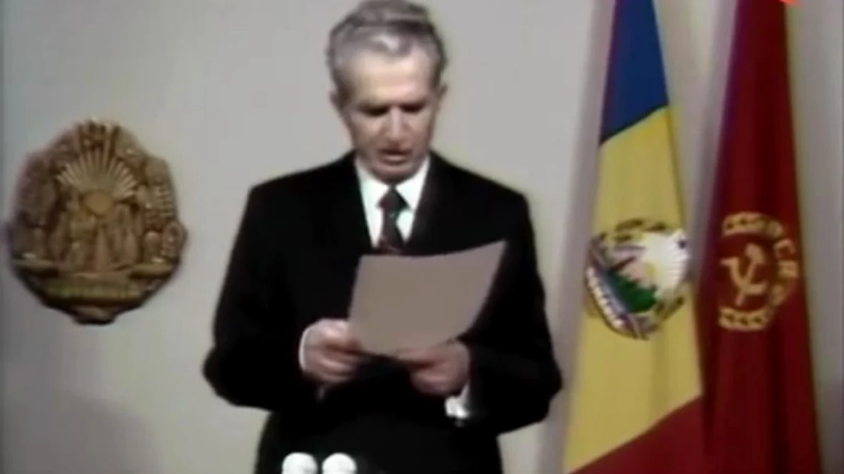 Într o intervenţie televizată, Nicolae Ceauşescu se adresează populaţiei declarând că evenimentele de la Timişoara sunt opera unor "huligani" jpeg