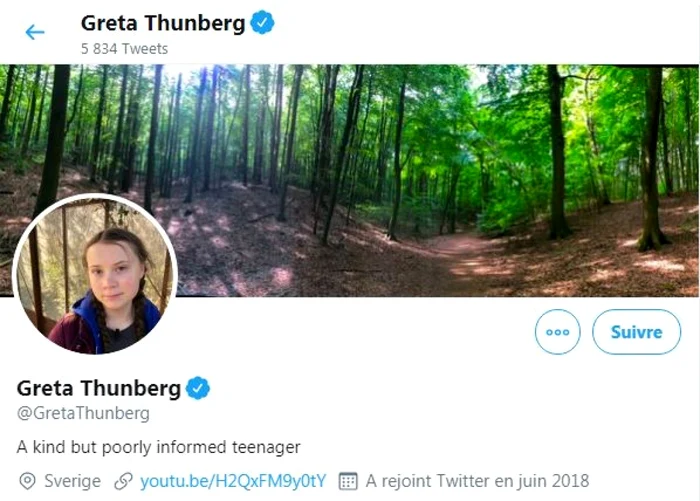 Descrierea de la profilul de Twitter al Gretei Thunberg dupa criticile lui Putin