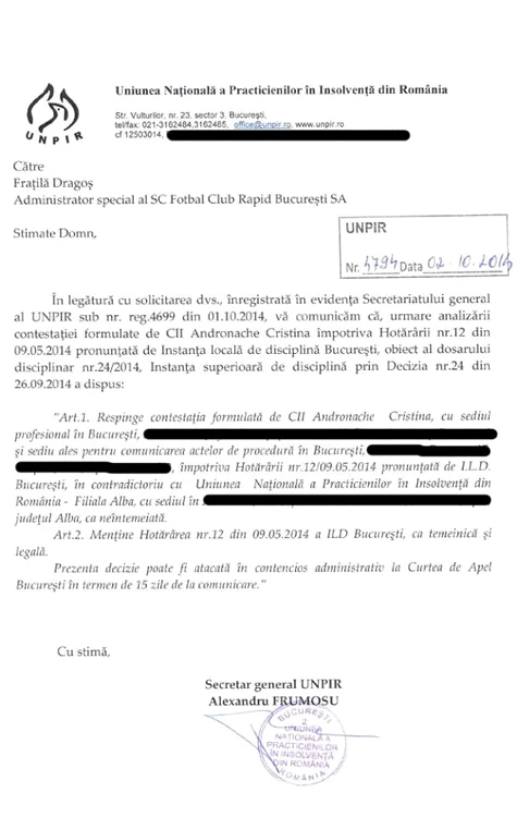 Uniunea Naţională a Practicienilor în Insolvenţă din România a menţinut decizia iniţială de excludere a Cristinei Andronache din UNPIR şi implicit de la Rapid