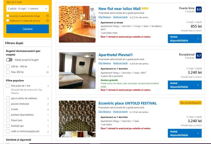 Foarte puține hoteluri mai au camere în perioada 3-6 august 2023. FOTO: Captura Booking