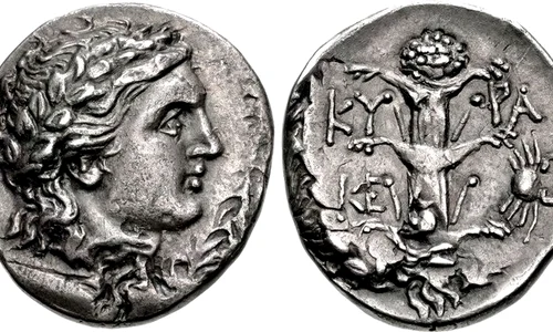 O monedă a lui Magas din Cirene (cca. 300–282/75 î.Hr.). Pe revers este reprezentat un silphium (© CNG Coins / Wikimedia Commons)