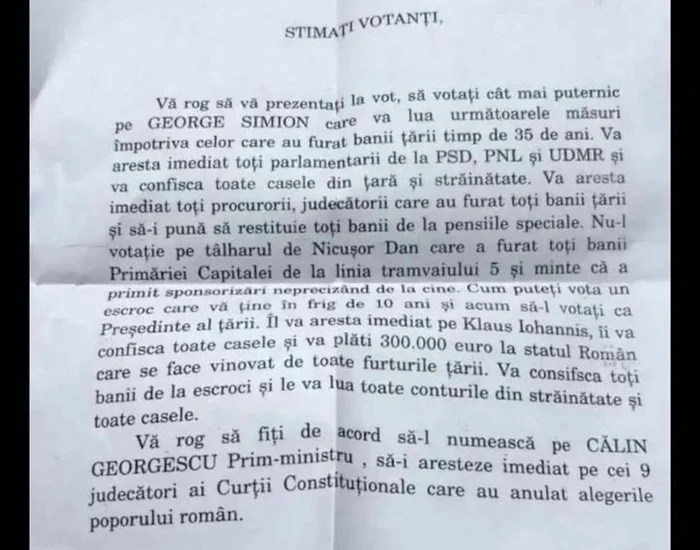 Scrisoarea anonimă distribuită în Sibiu. FOTO: Turnul Sfatului