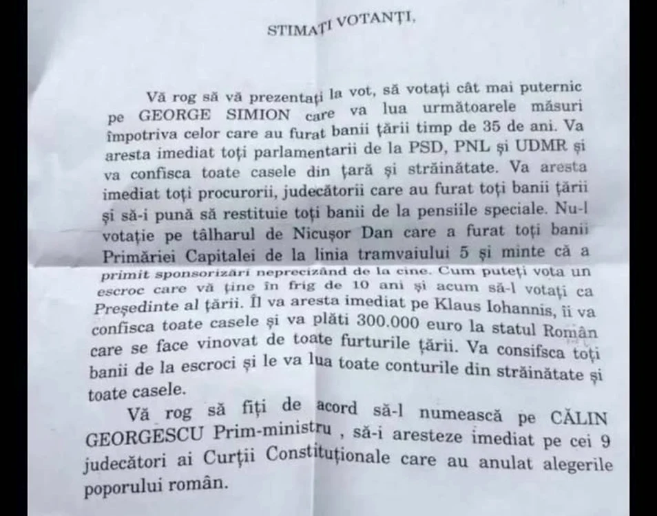 Scrisoarea anonimă distribuită în Sibiu. FOTO: Turnul Sfatului