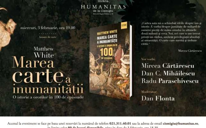 Afişul manifestării din această seară de la Librăria Humanitas Cişmigiu