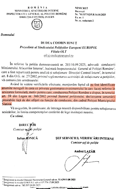 Răspunsul transmis de IGPR către sindicat FOTO: sindicateuropol.ro