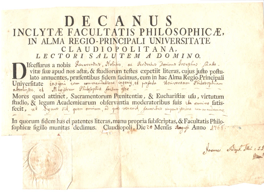 Josephus Szabo, Diploma de magister philosophiae,1768
