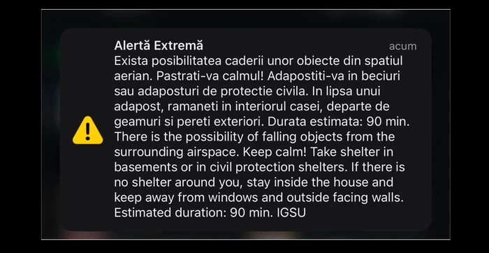 Mesajul RO-ALERT primit de locuitorii din Tulcea / Sursa foto: Ziarul Amprenta