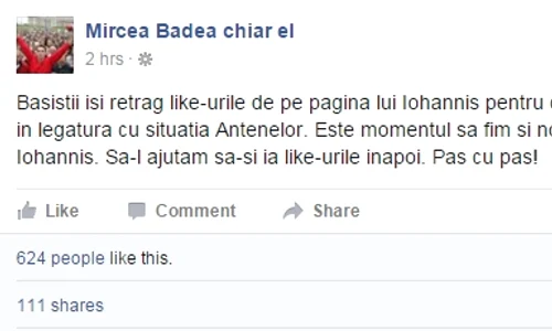 Badea și a îndemnat fanii să dea like paginii de Facebook a președintelui jpeg