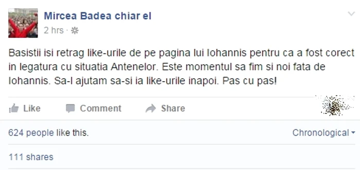 Badea și-a îndemnat fanii să dea like paginii de Facebook a președintelui